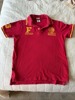 Franklin & Marshall Red Polo with Yellow Trim and Embroidered Coach Patch